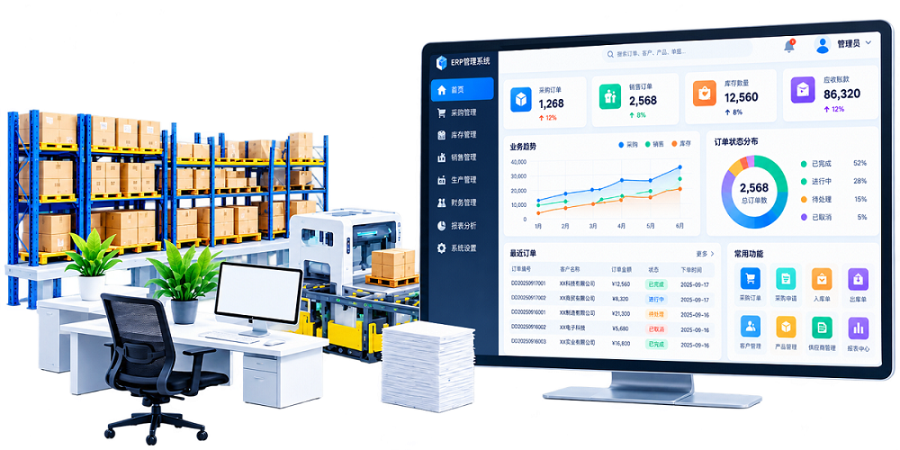 ERP一体化管理系统，连接仓储、生产、采购、销售与财务业务